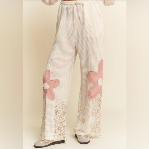 DAVI & DANI Pants - DAVI & DANI Women’s THERMAL MIXTURE KNIT WIDE OPENING PANTS (beige pink)